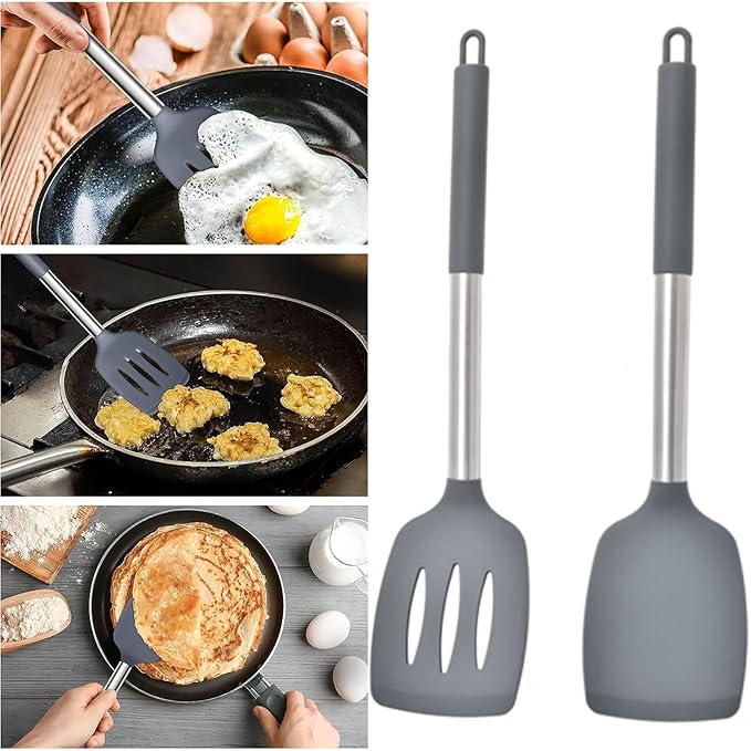 2Pcs Silicone Spatula Slotted Cooking Spatula Food Grade Heat Resistant Dishwasher Safe Frying Fish Eggs Non-stick Pot Cooking Turner Cookware Utensils Kitchen Supplies Black