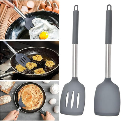 2Pcs Silicone Spatula Slotted Cooking Spatula Food Grade Heat Resistant Dishwasher Safe Frying Fish Eggs Non-stick Pot Cooking Turner Cookware Utensils Kitchen Supplies Black