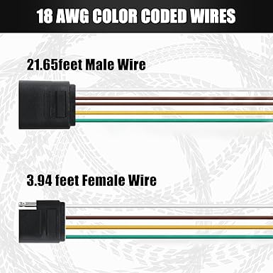 25Ft 4 Pin Trailer Wiring Harness Extension Kit, 4-Way Flat Plug, 5-Wire Male & 4-Wire Female Connector with 18 Gauge White Ground Wire