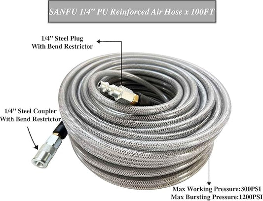 Polyurethane(PU) Air Hose 1/4-Inch x 100ft Reinforced, lightweight Anti-low temperature 300PSI with 1/4√ì Swivel Industrial Quick Coupler and Plug, Bend Restrictor, Silver Gray(100√ï)