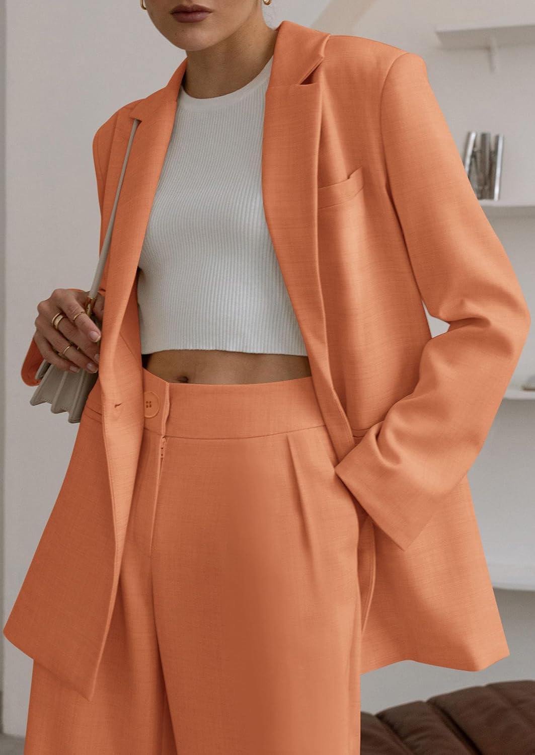 Women's Fall Two Piece Outfits Dressy Blazer Jacket and Wide Leg Pants Pockets Business Casual Office Suit Sets