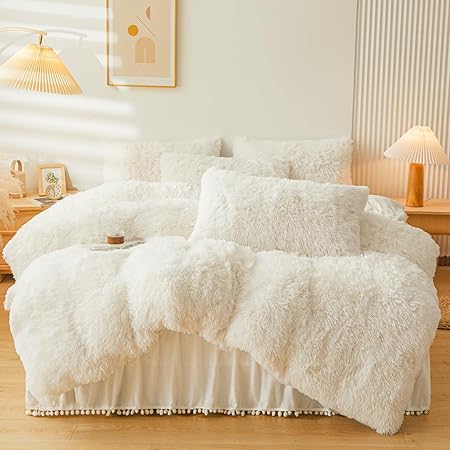 Fluffy Beige Faux Fur Comforter Cover Queen Set,Fluffy Fuzzy Plush Cream Bedding 4Pcs (1 Faux Fur Duvet Cover 2 Fuzzy Pillowcases1velvet Bed Skirt) Beige Fluffy Bed Set(Beige, Queen)