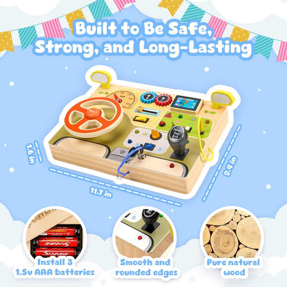 Montessori Toys for Toddlers 1-4 Ц Wooden Baby Busy Board Sensory Toy with Light Switch Ц Educational Travel Toy for Fine Motor Skills & Learning Activities Ц Perfect for