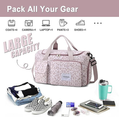 WOOMADA Foldable Travel Duffel Bag with Shoes Compartment, Overnight Bag with Wet Pocket  Trolley Sleeve, Weekender Bags for Women(A-pink leopard)