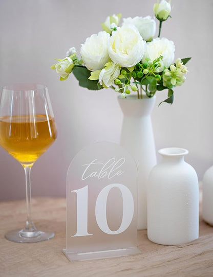 Frosted Wedding Table Numbers w/Stands 1-15, Bold, White Print 4x6 Arch Acrylic Table Numbers - Elegant & Sturdy Reusable Table Numbers for Wedding Reception Centerpiece