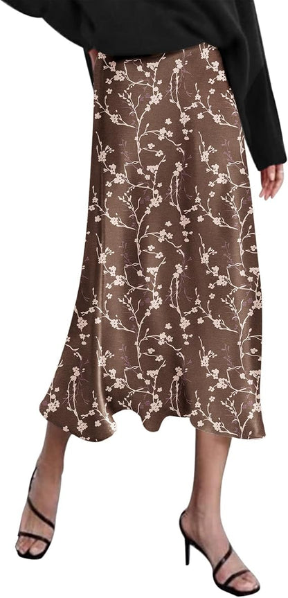 Zeagoo Skirts for Women High Waist Skirt Elegant Midi Skirt Satin