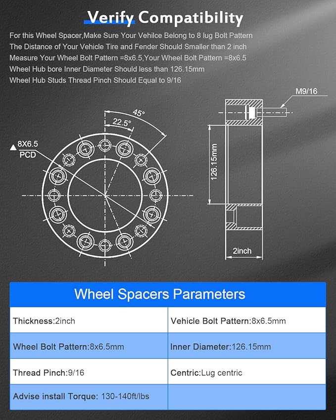 ECCPP 2X 2 inch 8 lug Wheel Spacers Adapters 8x6.5 to 8x6.5 with 916 Thread 126.15mm for Dodge Ram 2500 3500 1994-2011  for F250 F350 1988-1998 for Ford E-250 Econoline 1978-2002