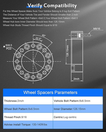 ECCPP 2X 2 inch 8 lug Wheel Spacers Adapters 8x6.5 to 8x6.5 with 916 Thread 126.15mm for Dodge Ram 2500 3500 1994-2011  for F250 F350 1988-1998 for Ford E-250 Econoline 1978-2002