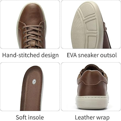 Mens Shoes Casual Sneakers - Business Brown Leather Comfort Memory Foam Fashion Dress Sneakers for Men Office Walking Size 8.5