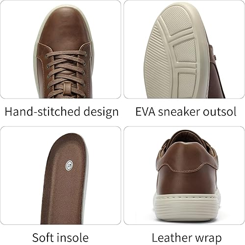 Mens Shoes Casual Sneakers - Business Brown Leather Comfort Memory Foam Fashion Dress Sneakers for Men Office Walking Size 8.5