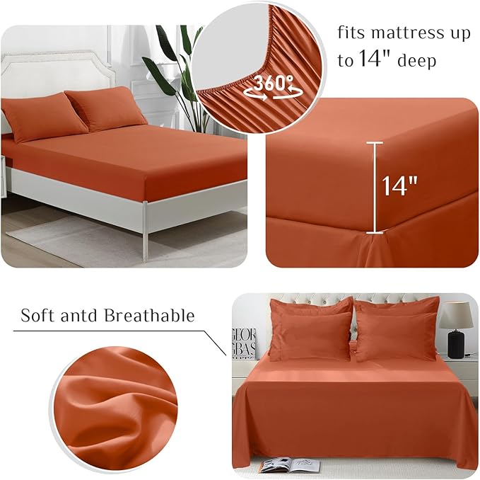 JOLLYVOGUE Queen Comforter Set, Ultra-Soft Queen Size Comforter Sets, 7-Piece Bed in a Bag, Goose Down Alternative, Oeko-TEX Certified, Sheets  Pillowcases, Burnt Orange