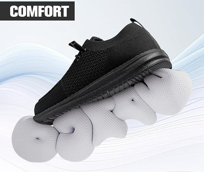 Lightweight, steel-toe slip-on shoes from LARNMERN, comfortable and protective for work or everyday wear.