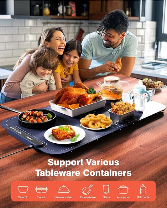 Warming Mat for Food, iTRUSOU Silicone Electric Warming Tray with 7 Temp-Settings, 1-8Hr Auto Shut-Off, Switchable FahrenheitCelsius, Upgrade Strap Keep Food Warm at Buffet, Party, Sabbath, Daily Use