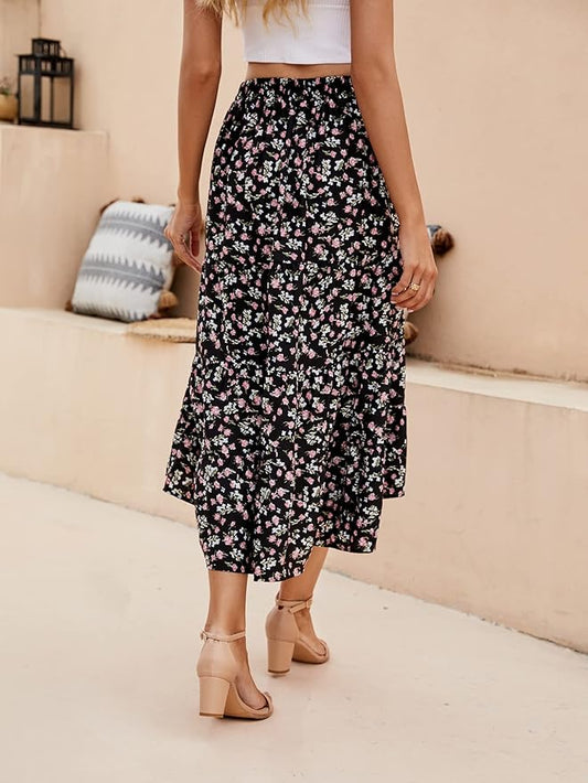 SimpleFun Women's Long Skirts Boho Floral Elastic High Waist Asymmetrical Hem Midi Skirt