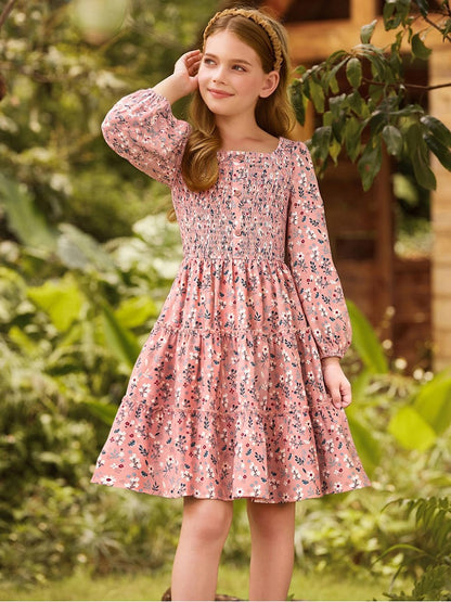 GRACE KARIN Girls Fall Long Sleeve Floral Christmas Teen Dress Size 6-14 | Suitable for Thanksgiving Casual Winter Holiday Party Flower School,Smocked,Midi,Fancy,Buttons,Ruffles,Tiered,Tween,Kids.