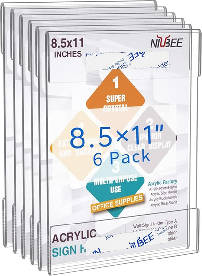 NIUBEE 8.5x11 Clear Acrylic Plexi Sign Holders with Double Sided Adhesive Tape, Wall Sign Memo Document Menu Holder for Office, Home, Store, Restaurant-No Drilling (1 Pack)