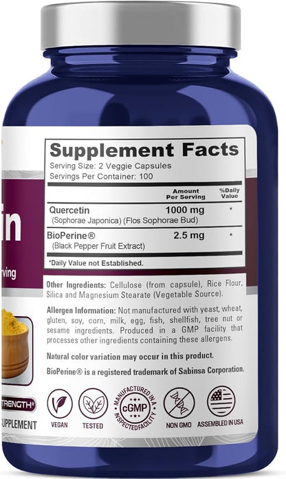 NusaPure Quercetin 1000mg - 200 Veggie Caps (Non-GMO, Vegan, Vegetarian) Bioperine