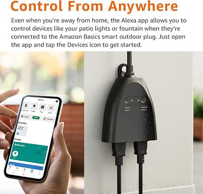 Basics Outdoor Smart Plug with 2 Individually Controlled Outlets, Works with Alexa Only, 2.4 GHz Wi-Fi, No Hub Required, Black