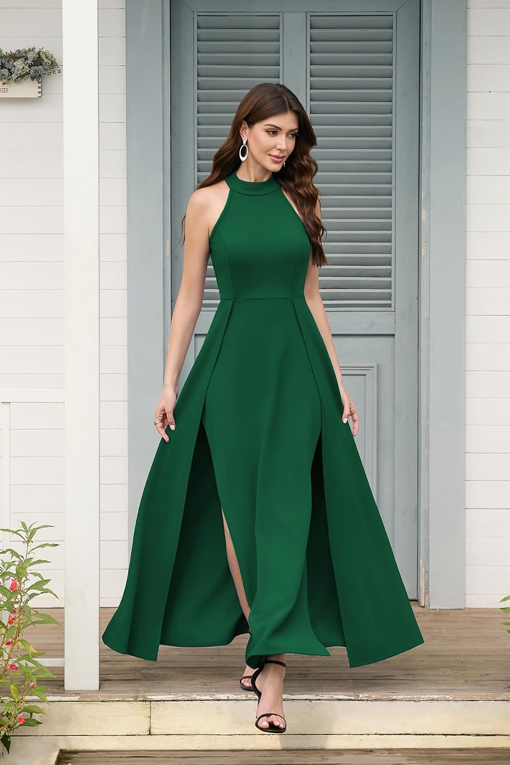 Stunning halter neck maxi dress, stretchy comfortable fabric, sexy split design, perfect for formal occasions