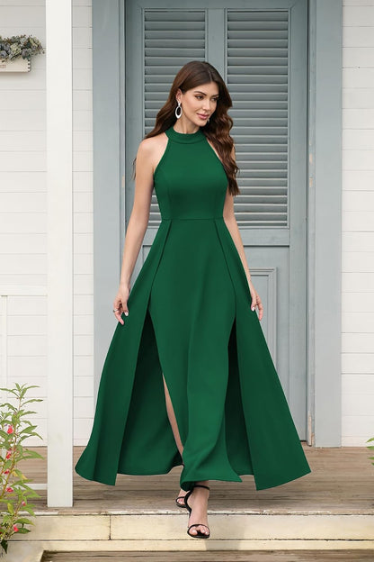 Stunning halter neck maxi dress, stretchy comfortable fabric, sexy split design, perfect for formal occasions