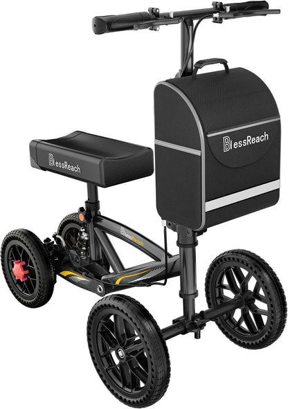 350 Lbs Capacity Foldable All Terrain Knee Scooter Walker - Economical Foot Injury Crutch Alternative - Black
