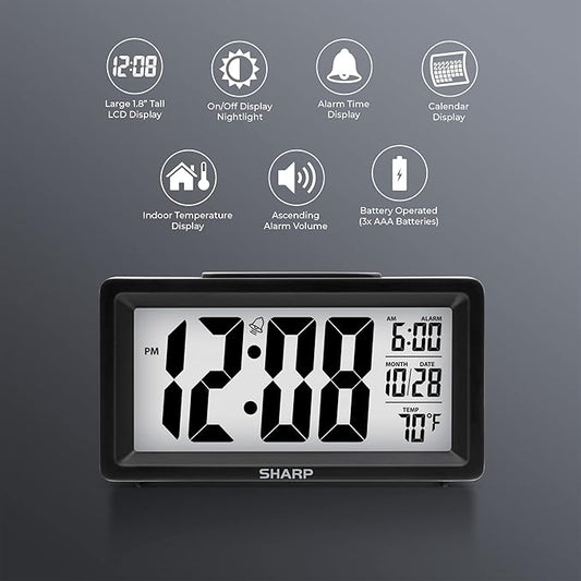 Sharp Alarm Clock with Indoor Temperature, Nightlight, Calendar, Battery Operated Digital Small Clock for Bedrooms or Travel, Black