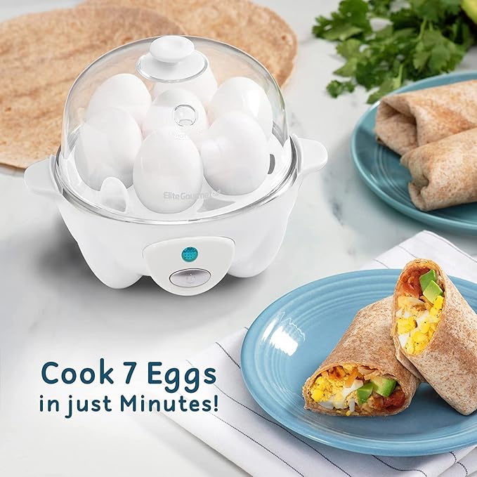 Elite Gourmet EGC-007 Rapid Egg Cooker, 7 Easy-To-Peel, Hard, Medium, Soft Boiled Eggs, Poacher, Omelet Maker, Auto Shut-Off, Alarm, 16-Recipe Booklet, White
