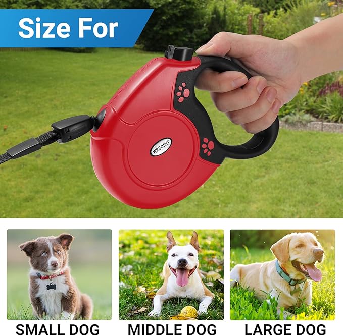 Retractable Dog Leash, 26 Ft Heavy Duty Pet Walking Leash for Small Medium Large Dogs up to 110lbs, Anti-Slip Handle, 360 ° No Tangle, Nylon Tape, One-Handed Brake (Red)