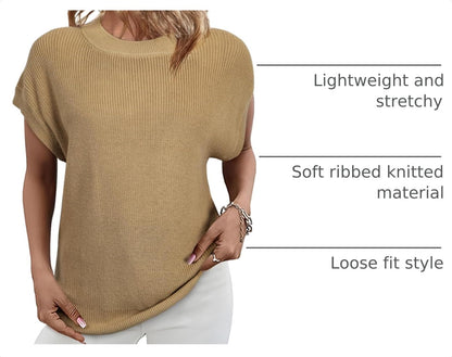 Womens Sweaters Crewneck Short Sleeve Shirts Casual Ribbed Knit Pullover Sweater Loose Tops for Women 2025