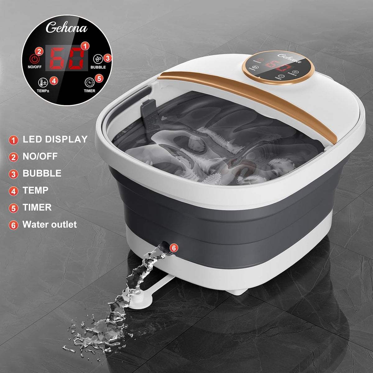 GEHONA Collapsible Foot Spa Bath with Heat,Foot Massager with Two Side Supports,Leakage Protector,Temperature Control,Bubbles,Red Light,Timer, Feet Spa Tub,Feet Soaker,Gifts (Beige)
