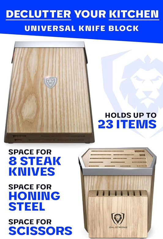 DALSTRONG Universal Knife Block - 23 Slots - Premium American Ash Wood - Aluminum Alloy Rim Kitchen Set - Lion Head Logo Badge - Premium Craftsmanship Knife Set - Angled For Ergonomics - Cleans Easily