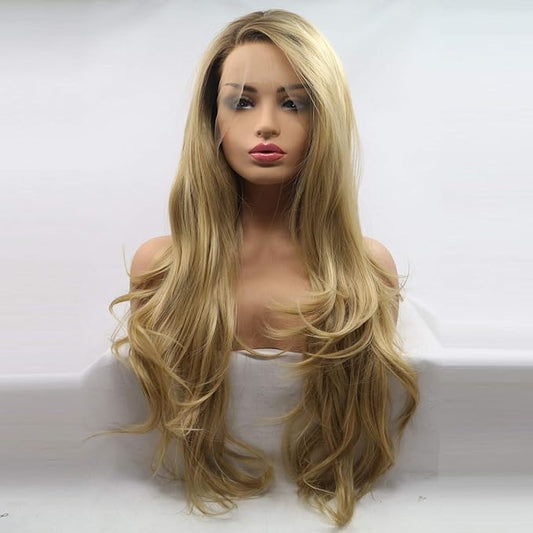Xiweiya long blonde synthetic lace front wigs wavy side part wavy wig brown root long blonde wavy wig hair replacement wig for women, drag queen makeup 24 inch (24")