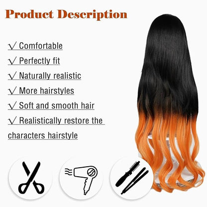 LABEAUTa Nezuko Cosplay Wig for Anime Black Orange Wig, Women Adult Long Halloween Character Costume Wigs Cosplay Clothes for Demon Slayer