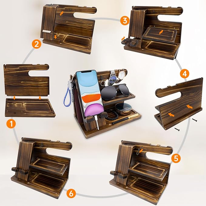 Wooden Phone Stand Holder Docking Station, Gifts for Men, Men Charging Station, Bed Nightstand Organizer Gifts for BirthdayFestival Idea for Desk Stand (Carbonize)