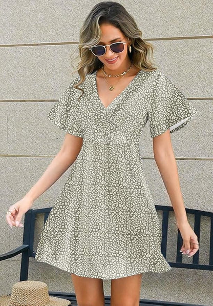 ETCYY NEW Womens Summer Dresses Slant Open V Neck Floral Printed Sundresses Flowy Dress Short Sleeve