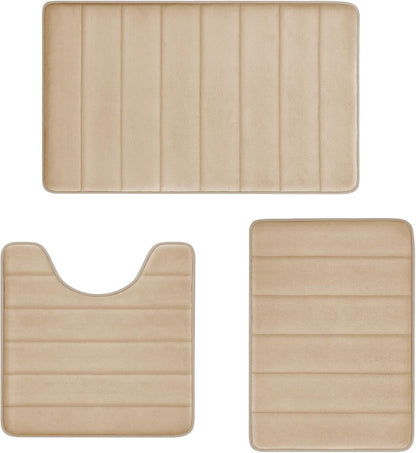 Memory Foam Bath Mat Set 3 Piece, Soft and Comfortable, Super Water Absorption, Non-Slip, Thick, Machine Wash, Easier to Dry for Bathroom Floor Rug, Beige Toilet Rug Bathroom Set (PVC backing design looks different than picture)
