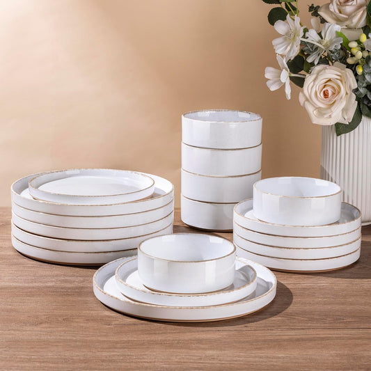 AmorArc Ceramic Dinnerware Sets for 4, 12 Pieces Handpainted Plates and Bowls Set with Rustic Terracotta Underside, Scratch Resistant Stoneware Dishes Set, Dishwasher & Microwave Safe