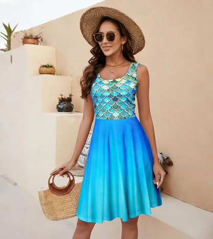 uideazone Women's Sleeveless Dress Summer Beach Casual Scoop Neck Print Flared A Line Stretchy Sundress .