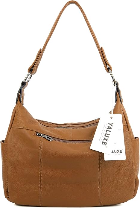 YALUXE Women's Genuine Leather Shoulder Bags Hobo Handbags Purses with Double Zipper Pockets and Crossbody Strap