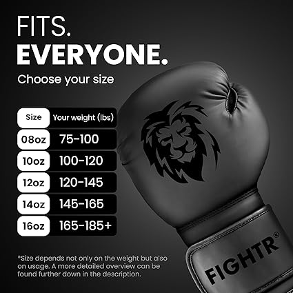 FIGHTR Boxing Gloves - Maximum Protection  Stability  Boxing Gloves for Boxing, MMA, Muay Thai  Kickboxing  Sizes 8-16 oz, Includes Carry Bag