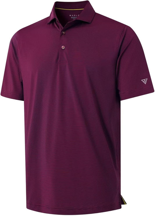 Burgundy Heather In Color, M MAELREG Short and Long Sleeve Polo Shirts for Men Dry Fit Performance Moisture Wicking Sport Pin Striped Mens Golf Shirts.
