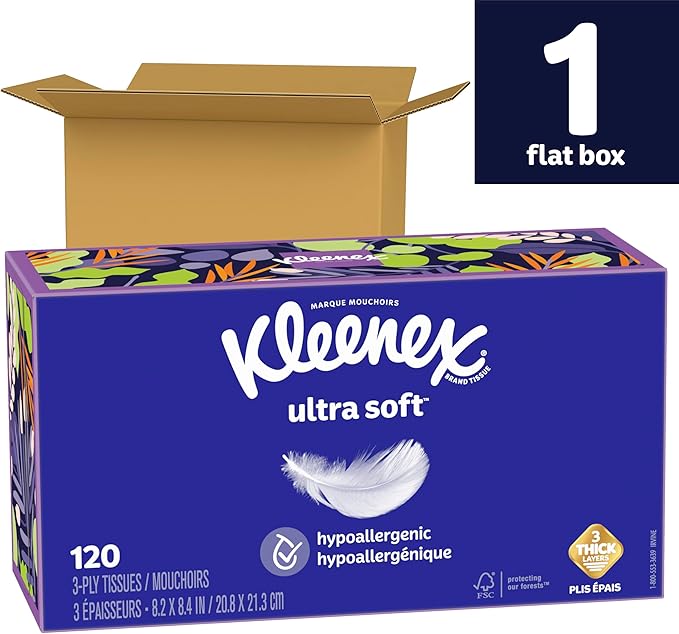 Kleenex Ultra Soft Facial Tissues, 1 Flat Box, 120 Tissues per Box, 3-Ply, Packaging May Vary