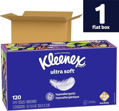 Kleenex Ultra Soft Facial Tissues, 1 Flat Box, 120 Tissues per Box, 3-Ply, Packaging May Vary