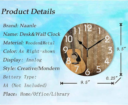 Naanle 3D Retro Wooden Board Guitar Round Wall Clock, 9.5 Inch Battery Operated Quartz Analog Quiet Desk Clock for Home,Kitchen,Office,School,Bathroom