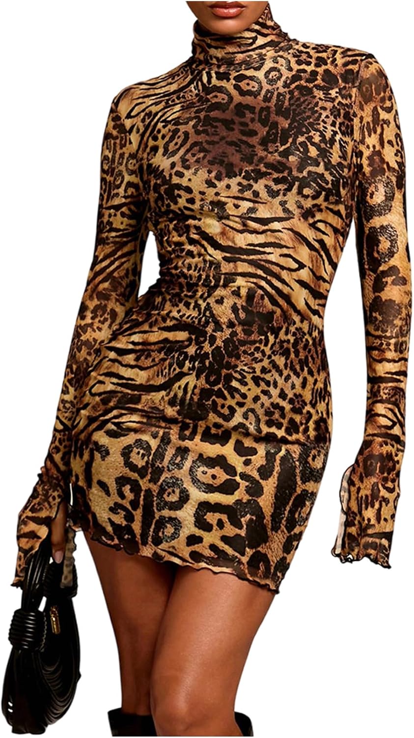 SOLY HUX Women's Graphic Print Bodycon Mini Dress Turtleneck Long Sleeve Pencil Dresses .
