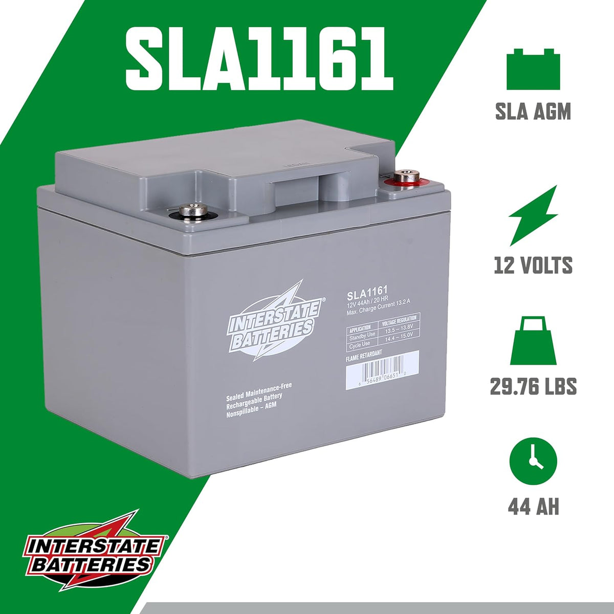 Interstate Batteries 12V 44Ah Battery (Insert Terminal) SLA AGM VRLA Rechargeable Replacement for UPS Backup Power, Fire & Security, Emergency Lighting (SLA1161) (cosmetic scratches)