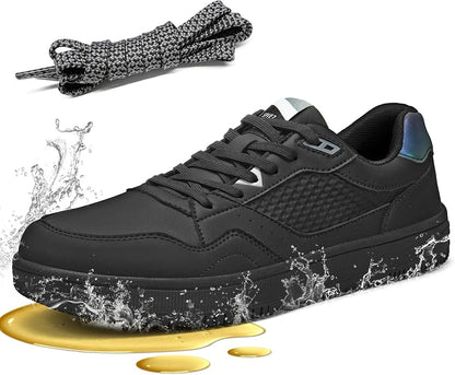 8.5 Men, 10 Women, SPIEZ Non Slip Work Shoes for Men Women, Slip & Oil Resistant Food Service Shoes, Lightweight Reflective Deign Kitchen Sneakers - Restaurants Floor to Streetwear Ready, Black US 4.5-13.5