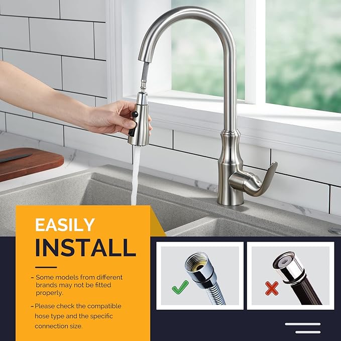 Angle Simple Kitchen Faucet Head Replacement, Sink Faucet Sprayer Attachment, Stream Spray and Pause Mode, Brushed Nickel