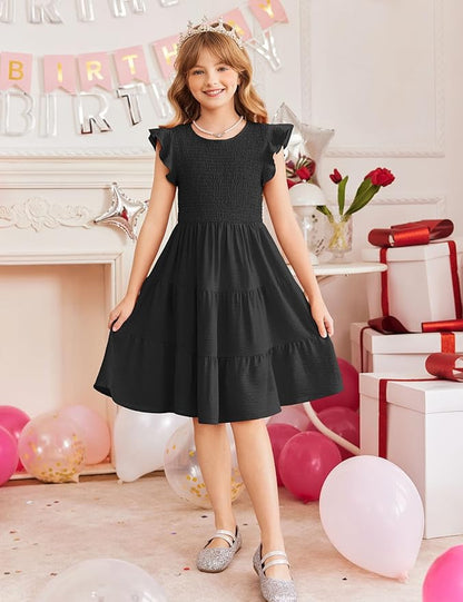 Arshiner Girls Dress Summer Ruffle Sleeve Smocked Tiered Casual Party Sundress with Pockets