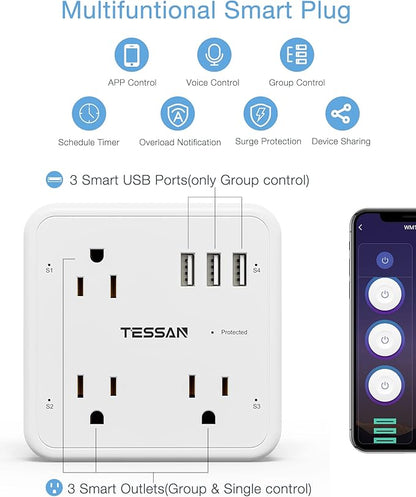 Smart Plug Outlet Extender Compatible with Alexa Google Home, TESSAN WiFi Multi Plug with 3 Smart Outlets 3 USB Ports, Wall Surge Protector Power Strip 900J for Indoor, Voice and Smartlife Control